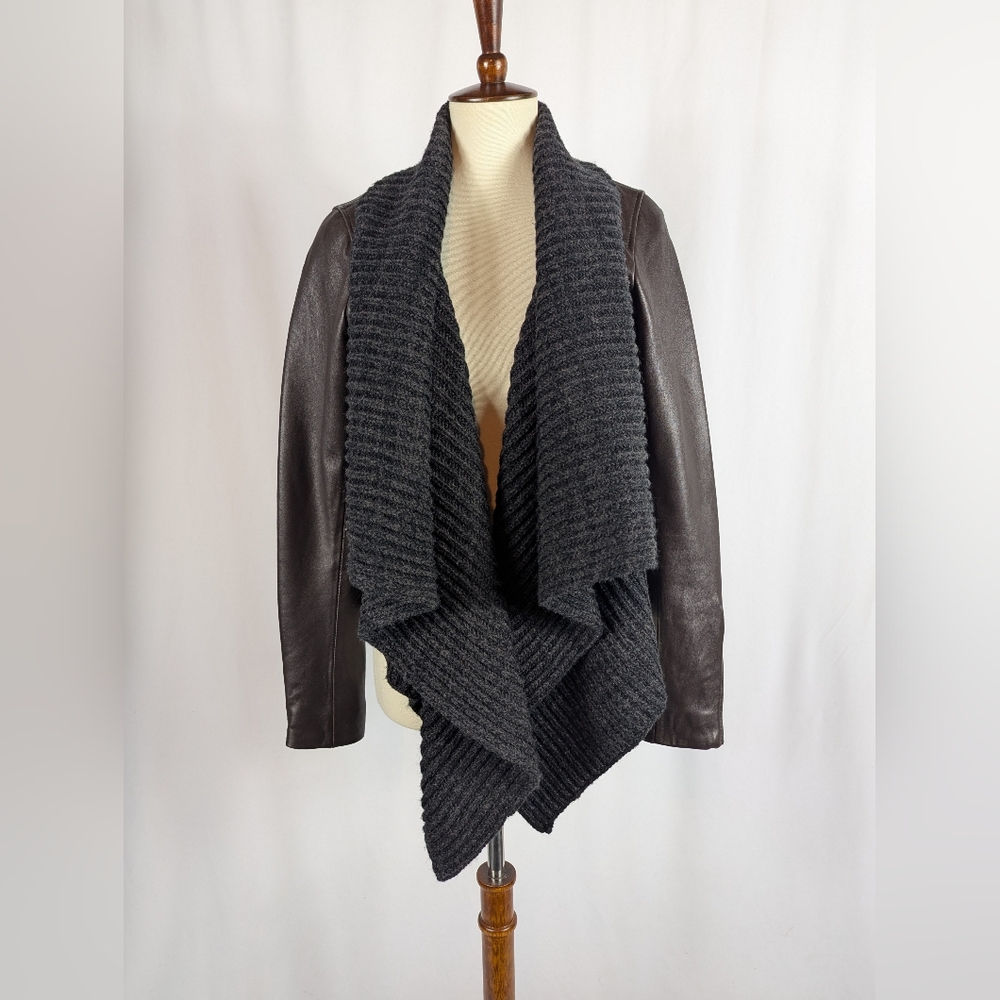 Lucky Brand Leather Jacket Sweater Shawl Collar Zip Pockets Open Front Sz Small